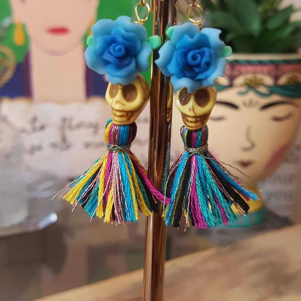 Tassel earrings,  sugar skull earrings. Handmade